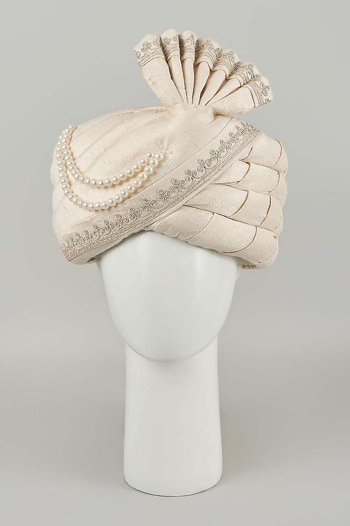 Pearl White Raw Silk Dori Embroidered Safa by Vanshik at Pernia's Pop Up Shop
