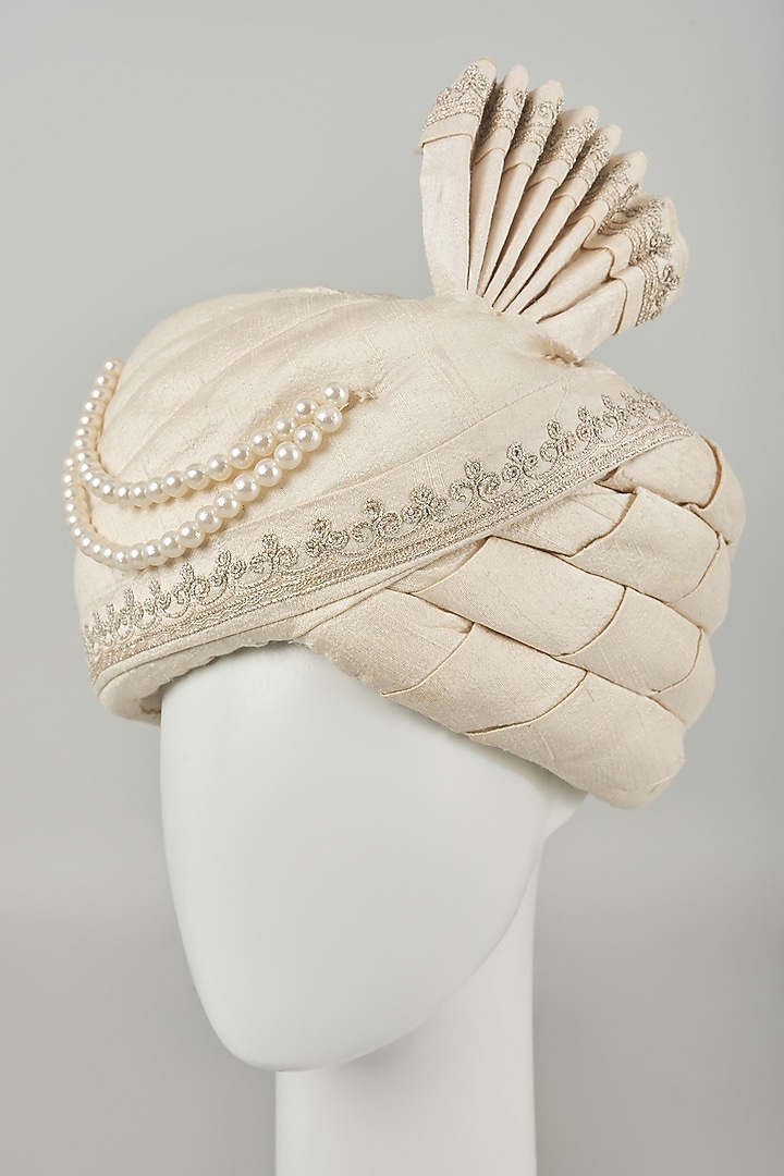 Pearl White Raw Silk Dori Embroidered Safa by Vanshik at Pernia's Pop Up Shop