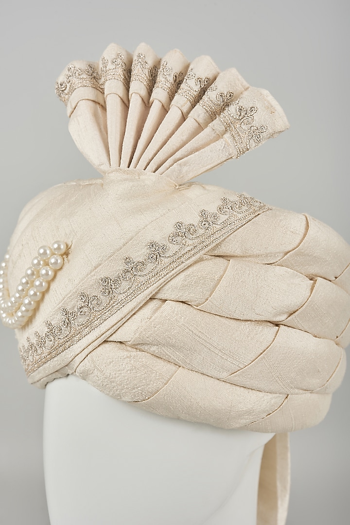 Pearl White Raw Silk Dori Embroidered Safa by Vanshik at Pernia's Pop Up Shop