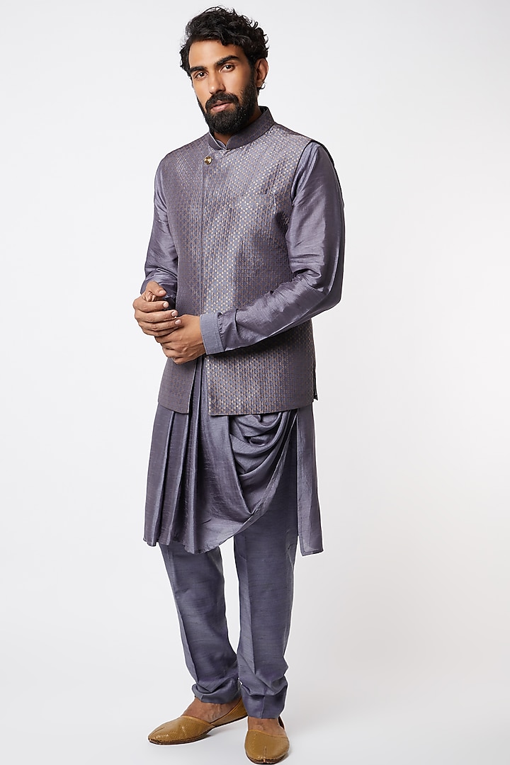 Grey Brocade Silk Nehru Set by Vanshik
