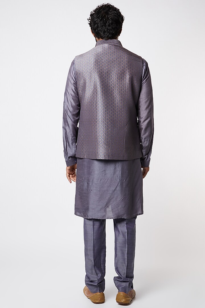 Grey Brocade Silk Nehru Set by Vanshik at Pernia's Pop Up Shop