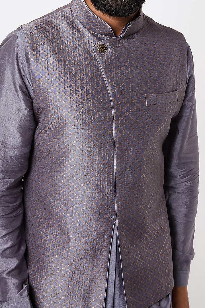 Grey Brocade Silk Nehru Set by Vanshik at Pernia's Pop Up Shop