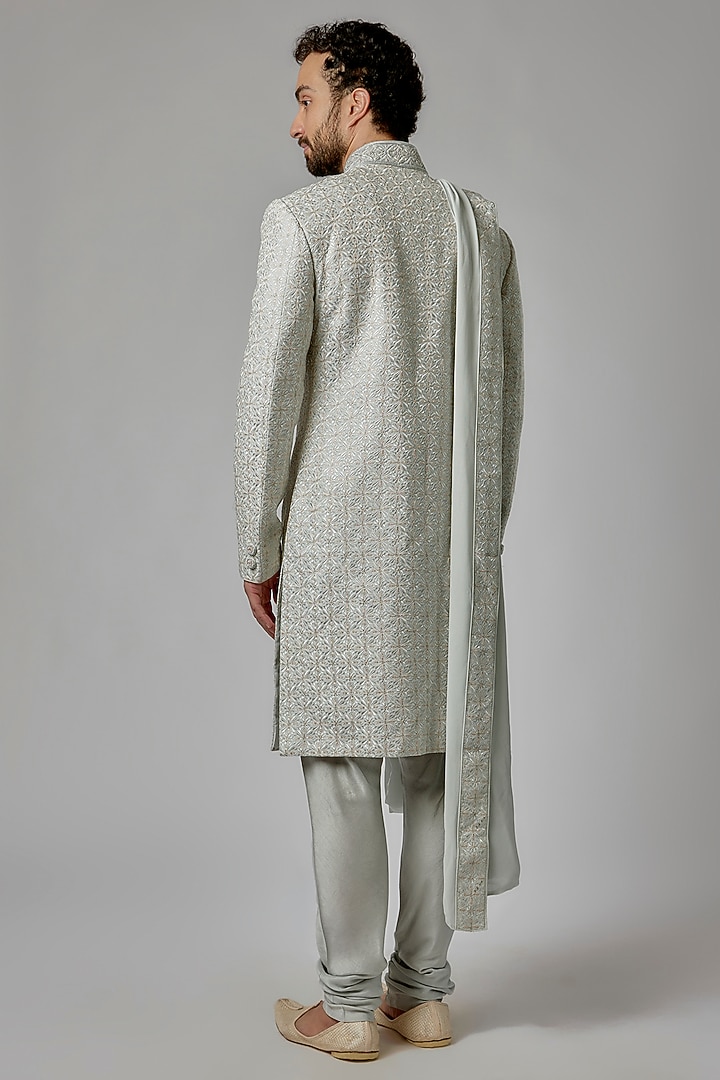 Aqua Dupion Silk Digital Embroidered Wedding Sherwani Set by Vanshik at Pernia's Pop Up Shop