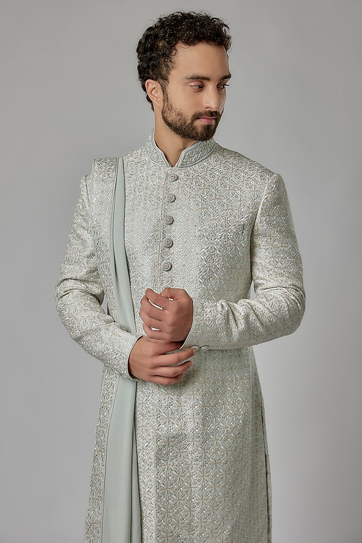 Aqua Dupion Silk Digital Embroidered Wedding Sherwani Set by Vanshik at Pernia's Pop Up Shop