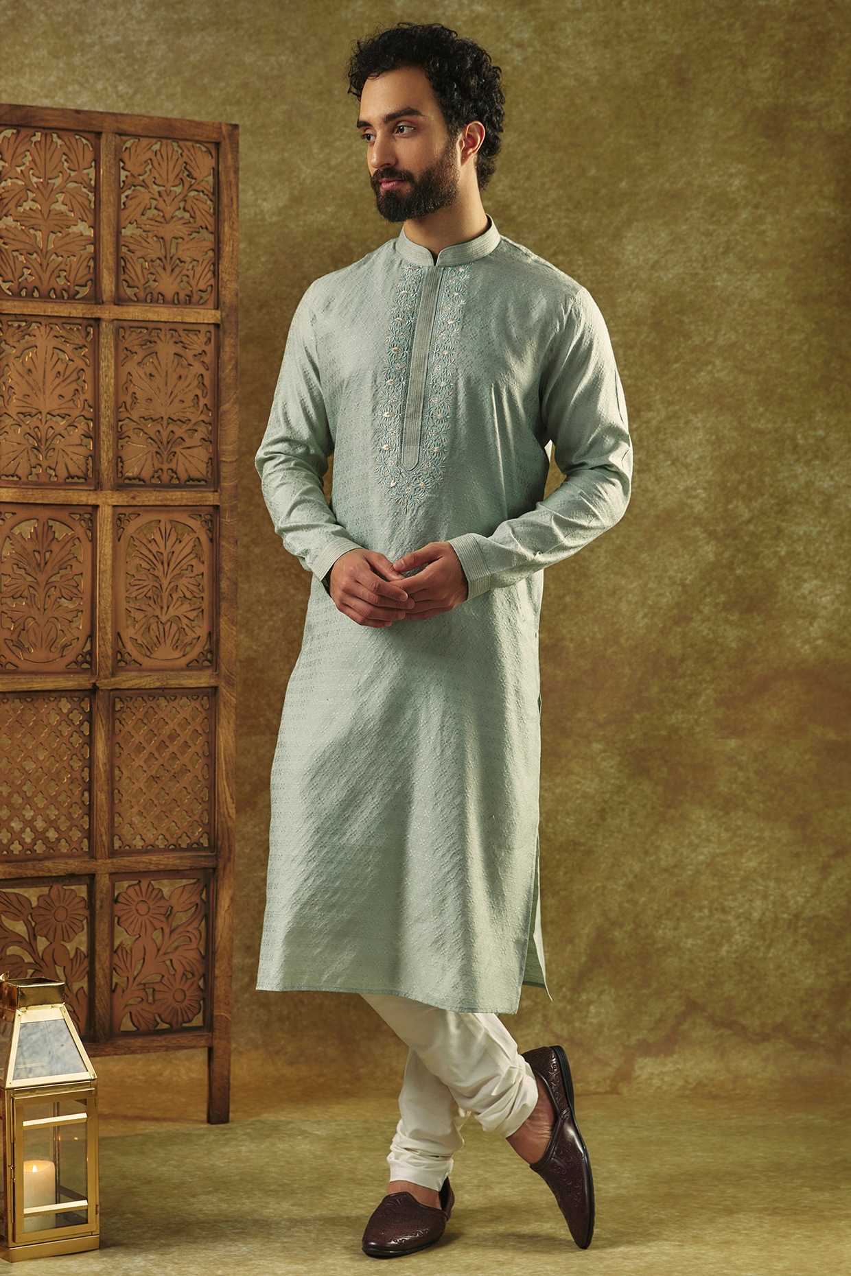 Stylish Green Cotton Woven Design Kurta with Pant And Dupatta Set For Women  - Shivam Garment