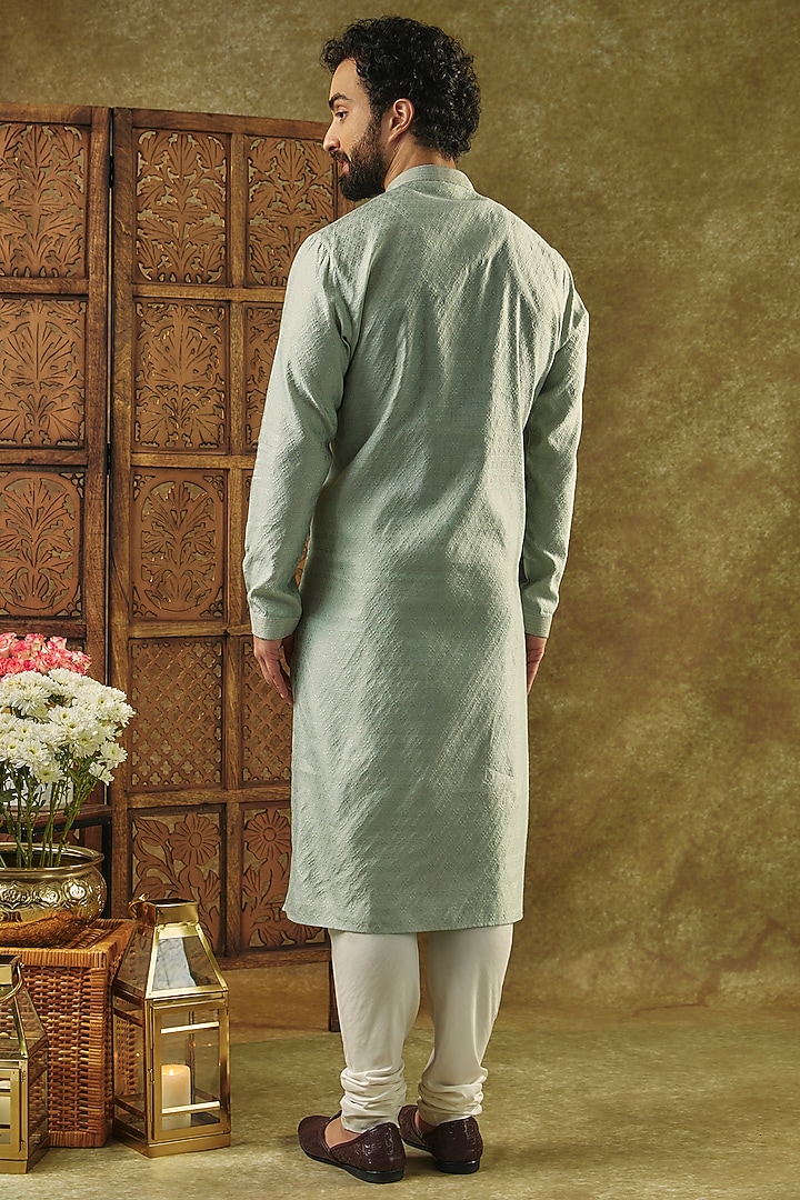 Mint Green Silk Jacquard Kurta Set by Vanshik at Pernia's Pop Up Shop