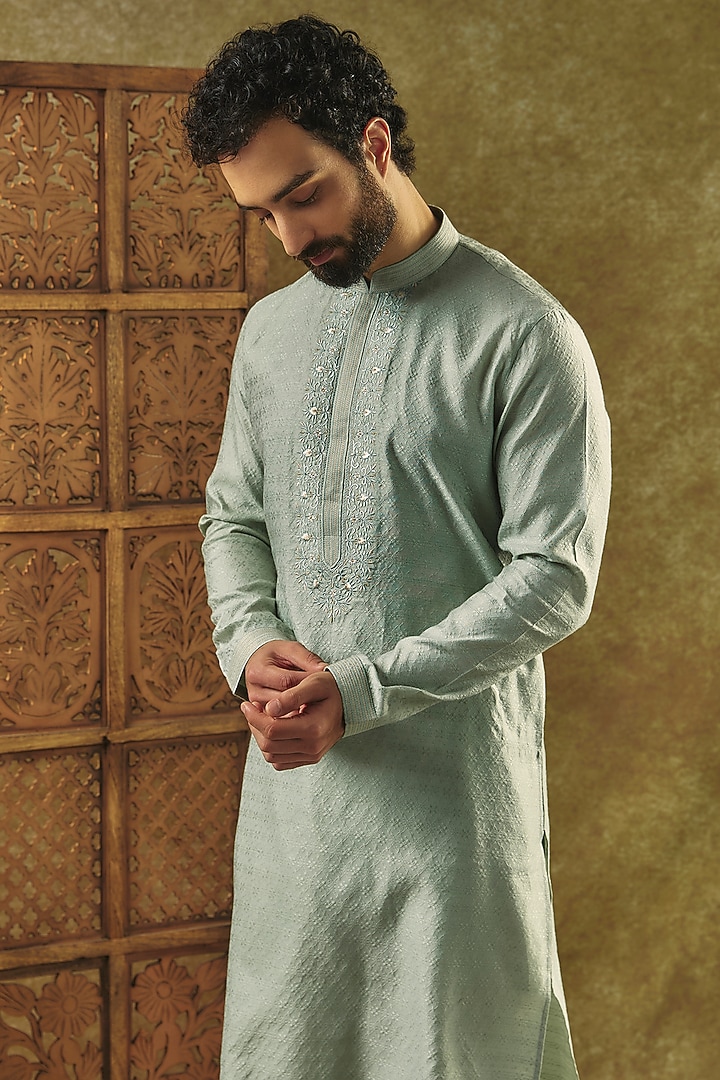 Mint Green Silk Jacquard Kurta Set by Vanshik at Pernia's Pop Up Shop