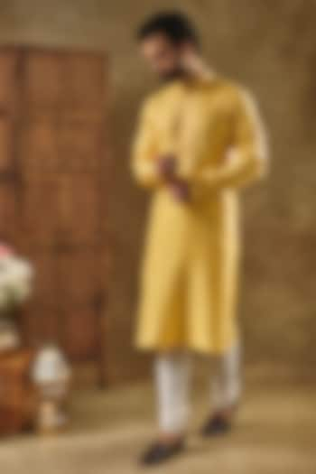 Yellow Silk Jacquard Kurta Set by Vanshik