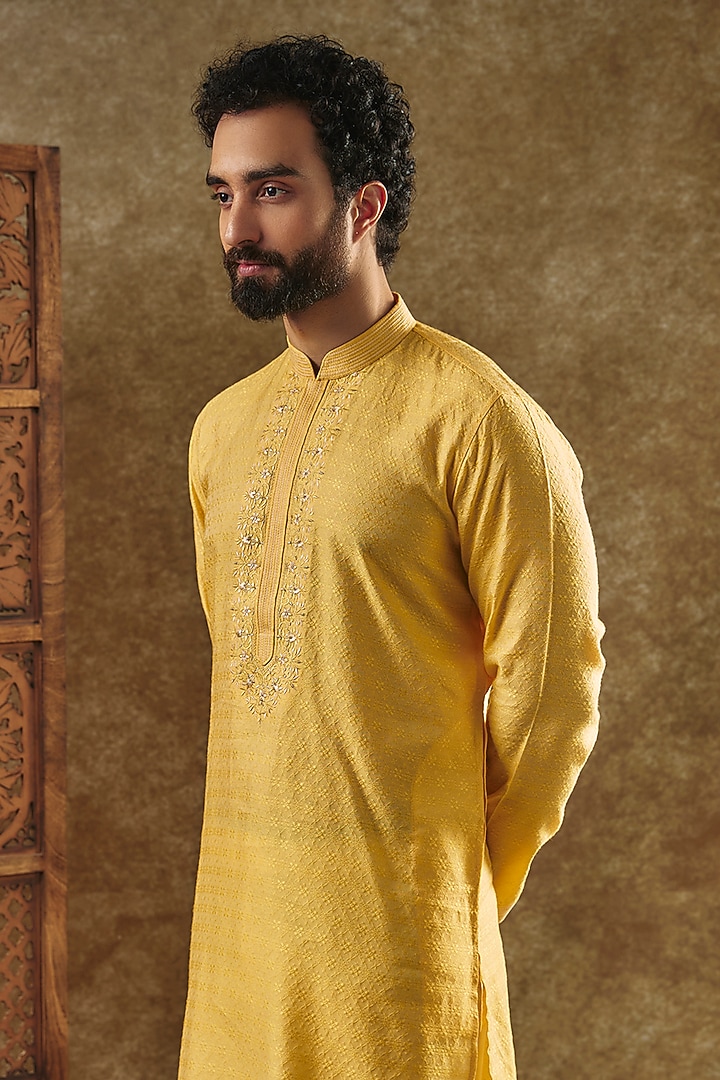 Yellow Silk Jacquard Kurta Set by Vanshik at Pernia's Pop Up Shop