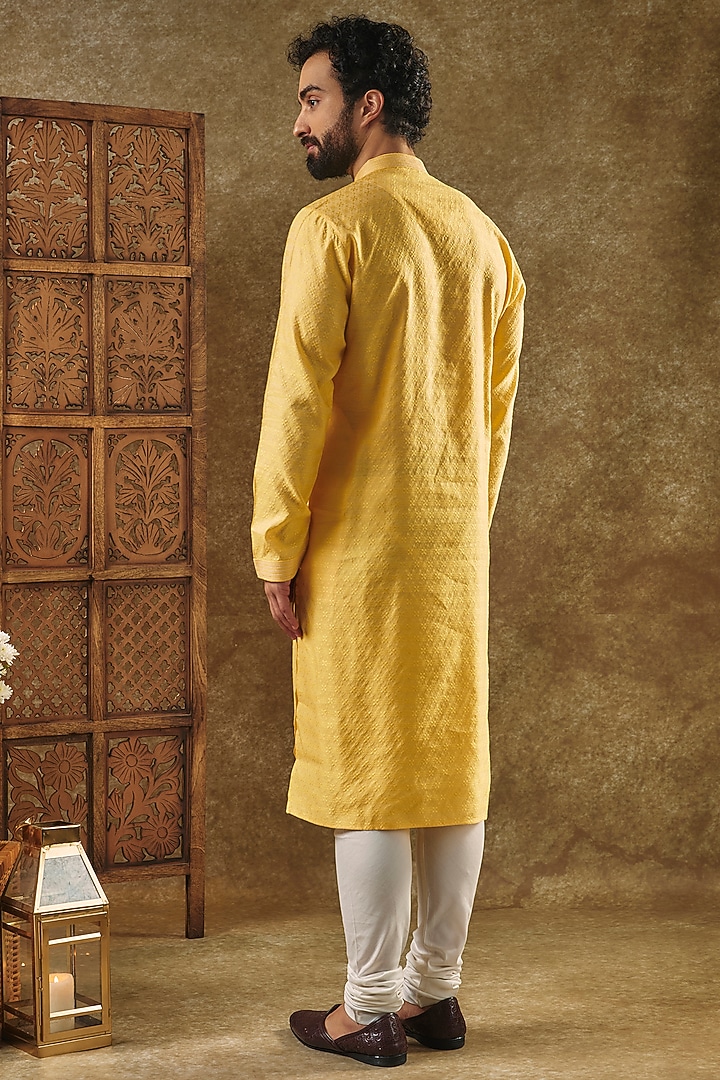 Yellow Silk Jacquard Kurta Set by Vanshik at Pernia's Pop Up Shop