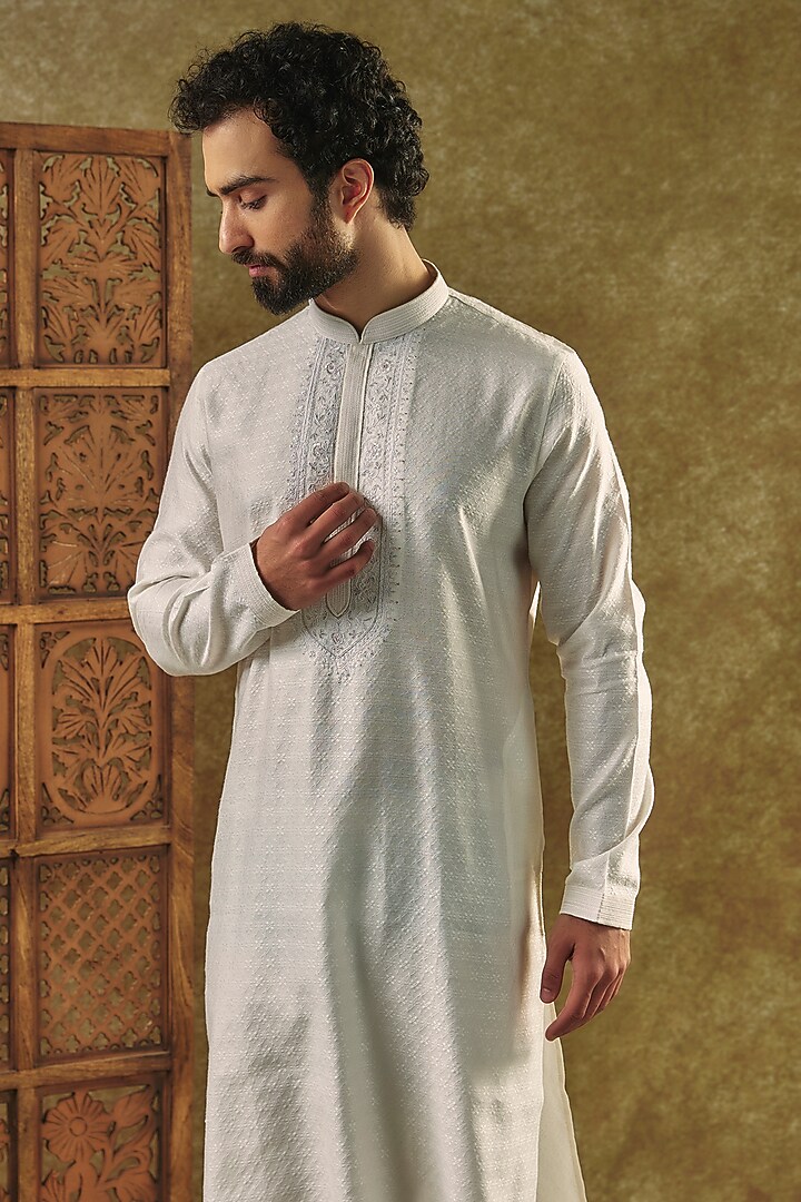 Pearl Silk Jacquard Embroidered Kurta Set by Vanshik at Pernia's Pop Up Shop