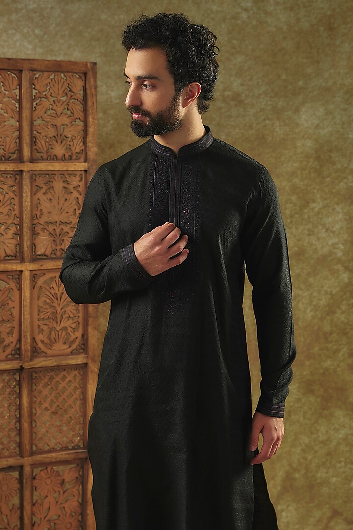 Black Jacquard Silk Embroidered Kurta Set by Vanshik at Pernia's Pop Up Shop