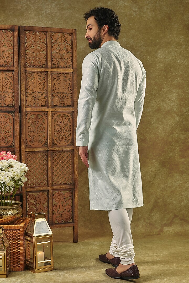 Mint Silk Jacquard Hand Embroidered Kurta Set by Vanshik at Pernia's Pop Up Shop