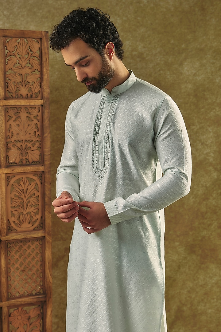 Mint Silk Jacquard Hand Embroidered Kurta Set by Vanshik at Pernia's Pop Up Shop