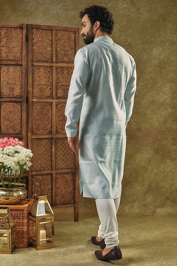 Grey Silk Jacquard Hand Embroidered Kurta Set by Vanshik at Pernia's Pop Up Shop