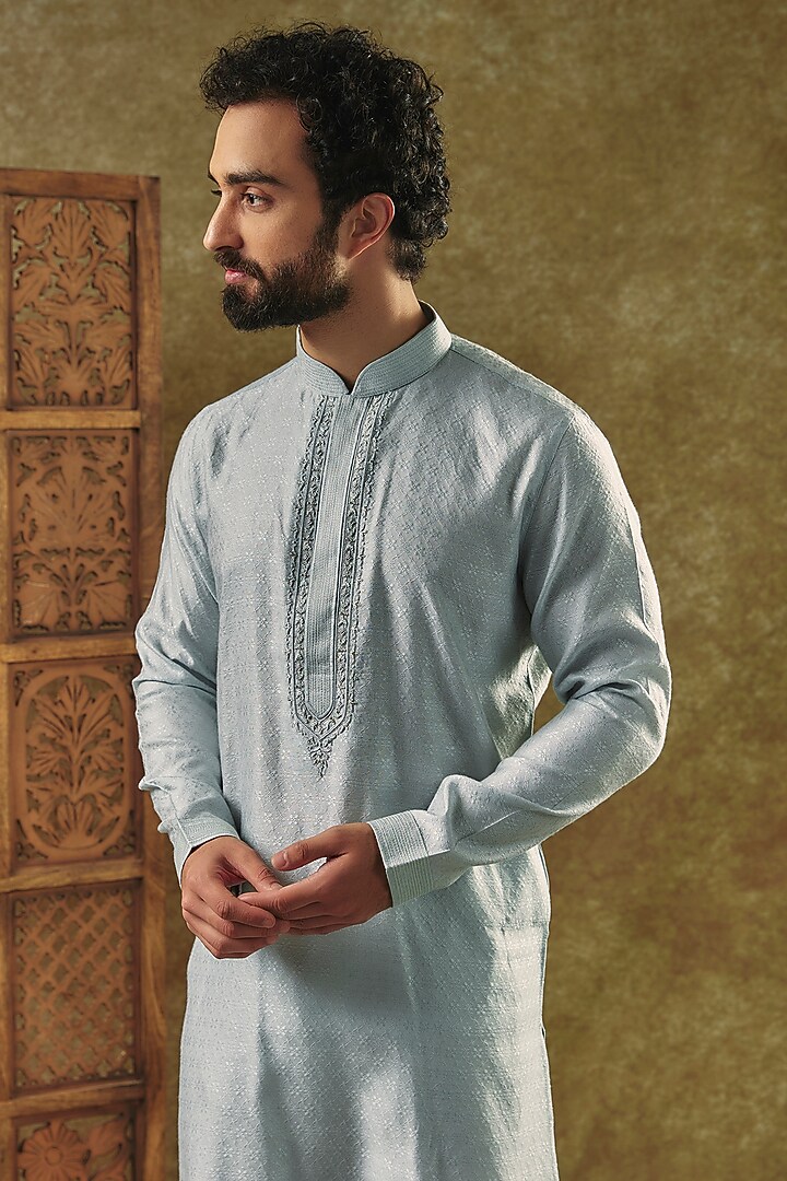 Grey Silk Jacquard Hand Embroidered Kurta Set by Vanshik at Pernia's Pop Up Shop