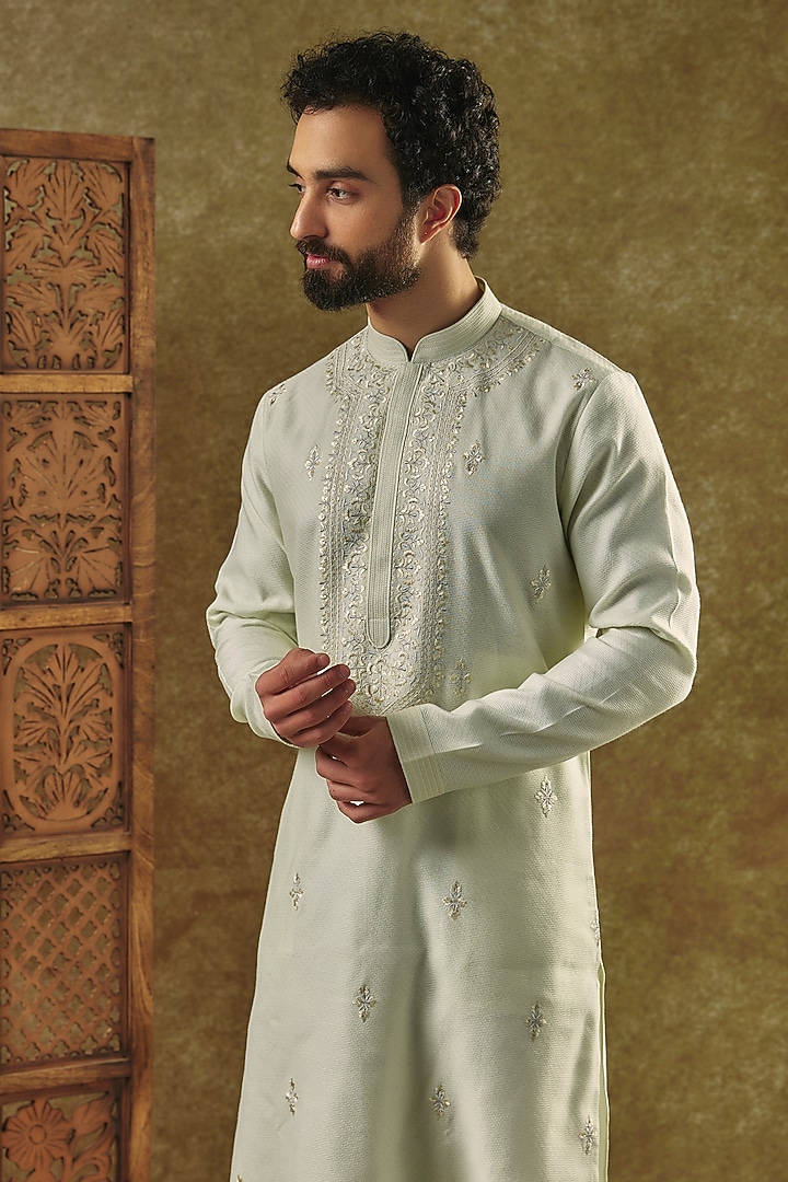 Mint Blended SIlk Jacquard Kurta Set by Vanshik at Pernia's Pop Up Shop