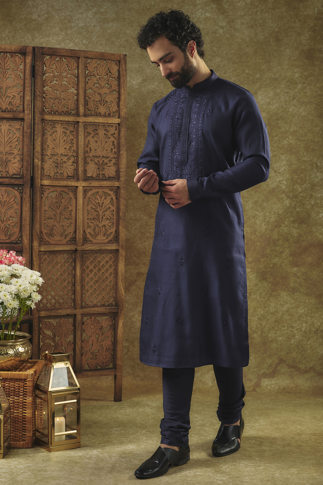 Navy Blue Silk Kurta Set by Vanshik