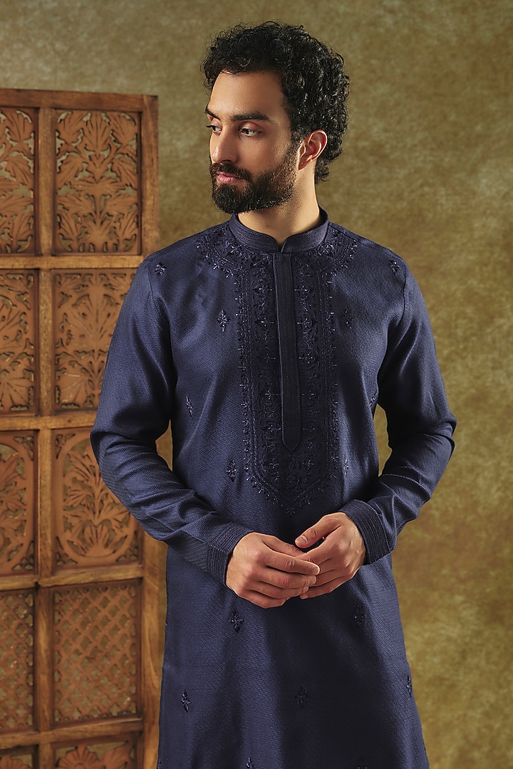 Navy Blue Silk Kurta Set by Vanshik at Pernia's Pop Up Shop