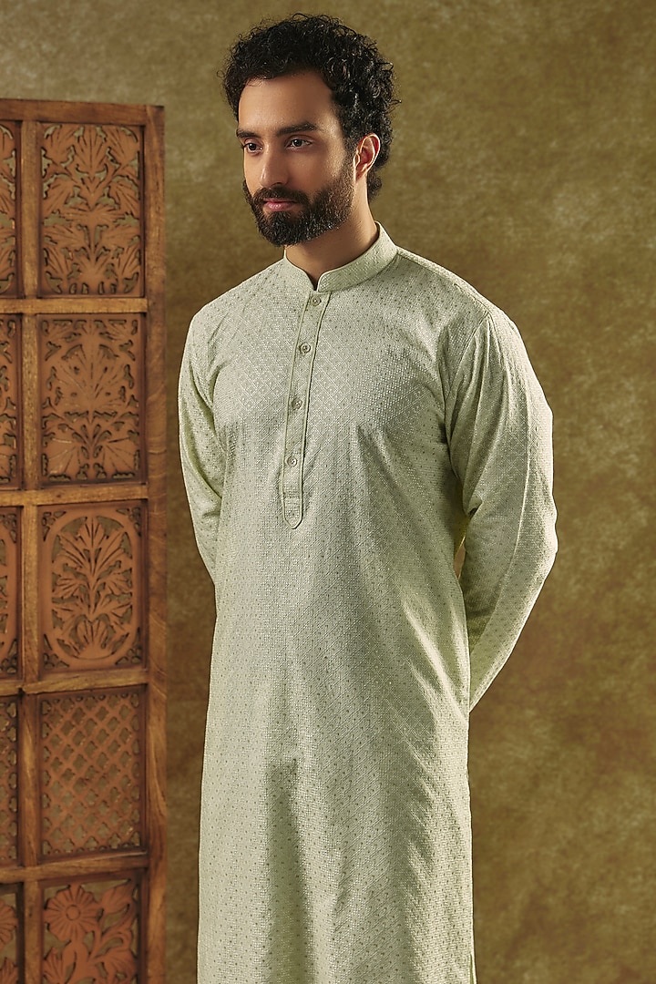 Mint Green Blended Silk Sequins Embroidered Kurta Set by Vanshik at Pernia's Pop Up Shop