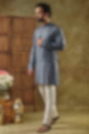 Blue Soft Silk Ikat Digital Printed Kurta by Vanshik at Pernia's Pop Up Shop