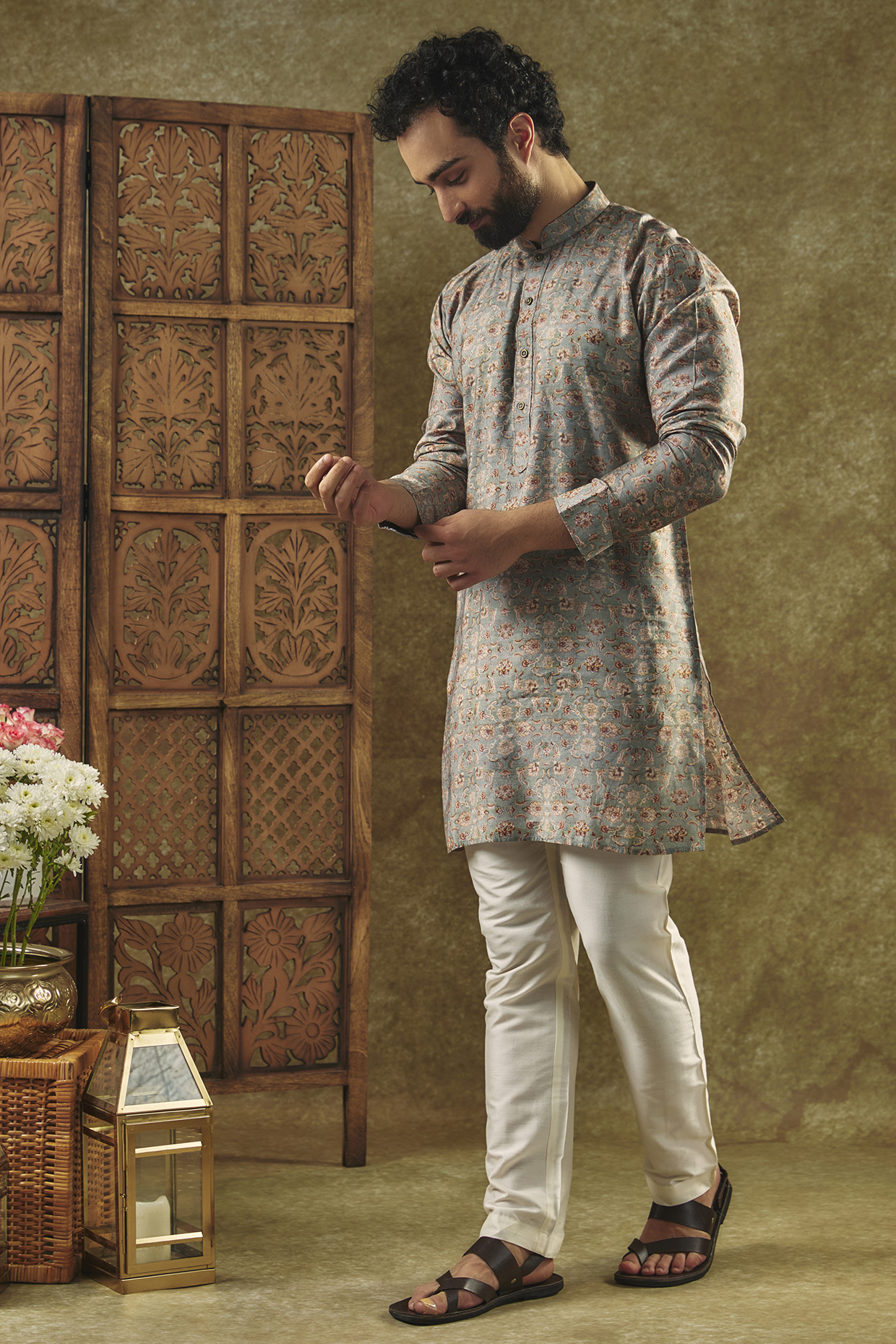 Beige Soft Silk Digital Printed Kurta by Vanshik at Pernia's Pop Up Shop