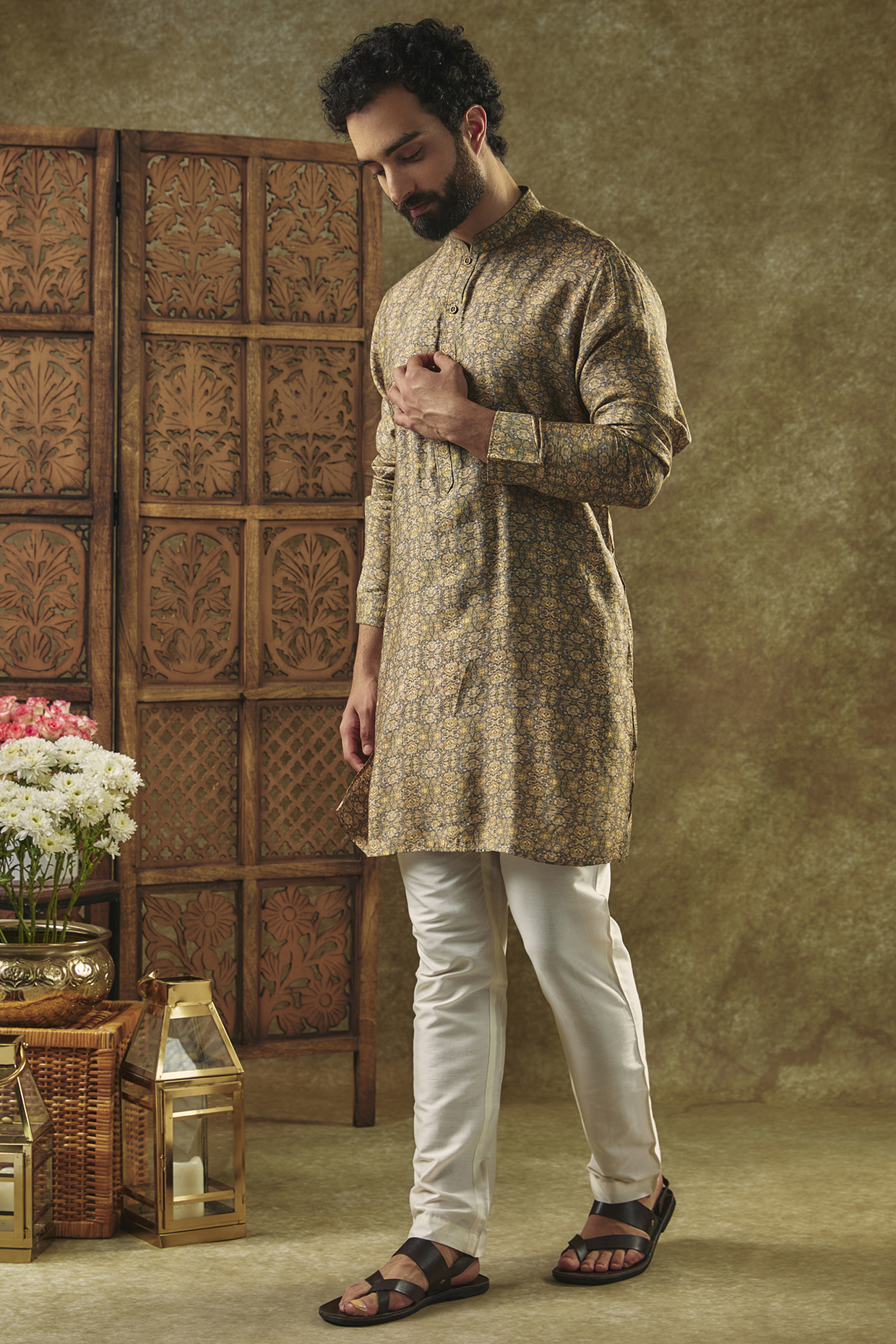 Beige Soft Silk Digital Printed Kurta by Vanshik at Pernia's Pop Up Shop