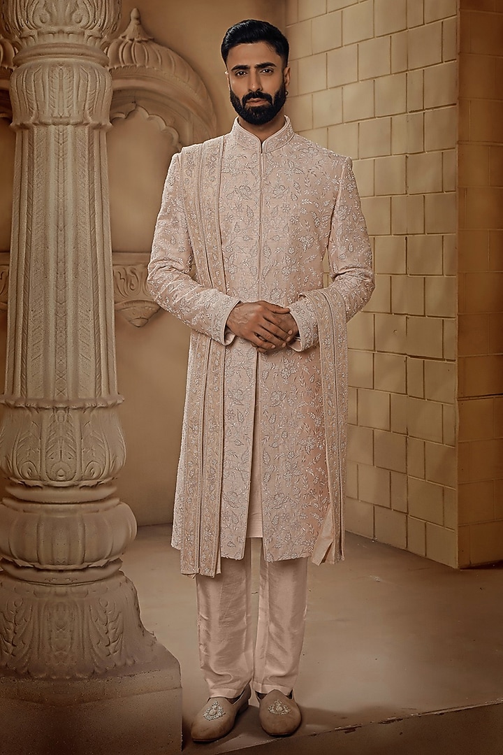 Dull Rose Pink Raw Silk Cutdana Embroidered Groom Sherwani Set by Vanshik at Pernia's Pop Up Shop