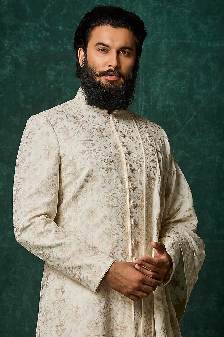 Pearl-Colored Silk Kashmiri Jaal Embroidered Groom Sherwani Set by Vanshik at Pernia's Pop Up Shop