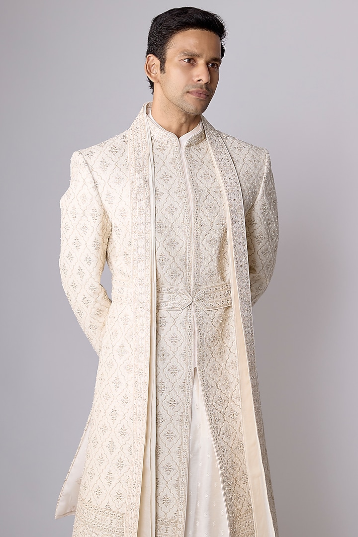 Ivory Silk Groom Sherwani Set by Vanshik at Pernia's Pop Up Shop