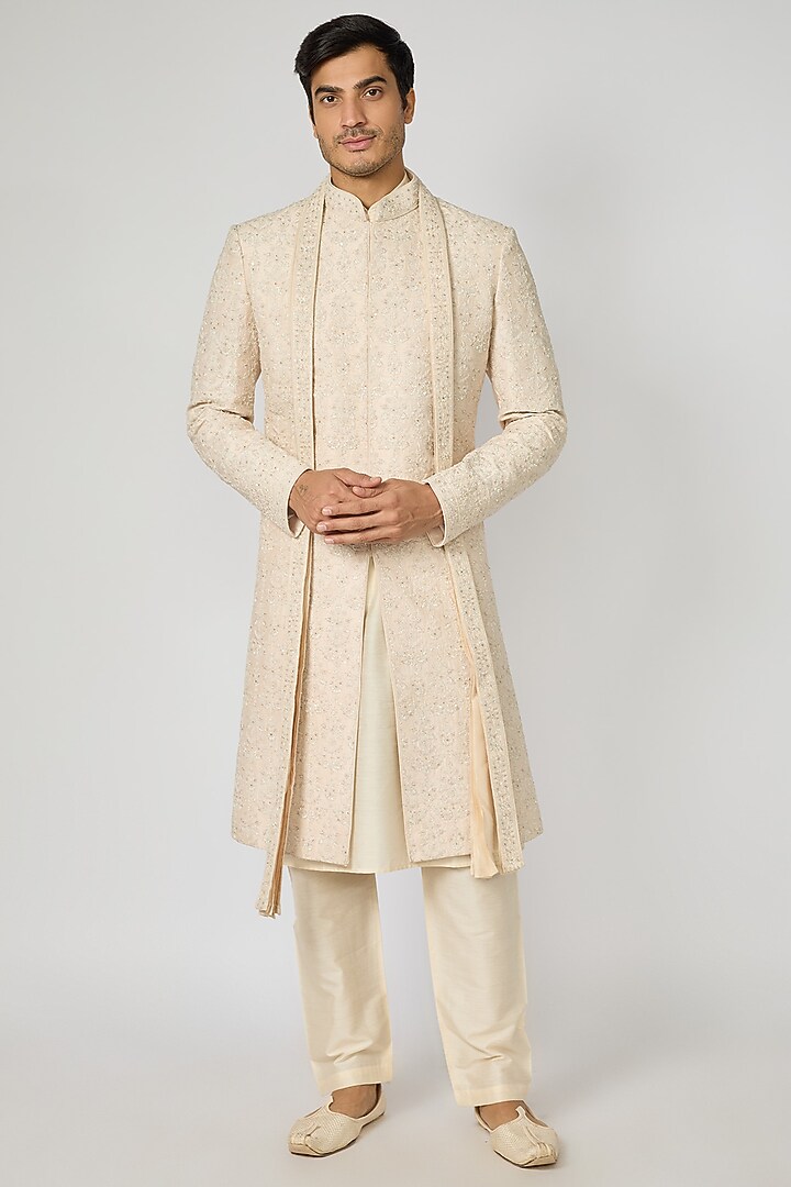 Crystal Pink Raw Silk Resham Embroidered Sherwani Set by Vanshik at Pernia's Pop Up Shop