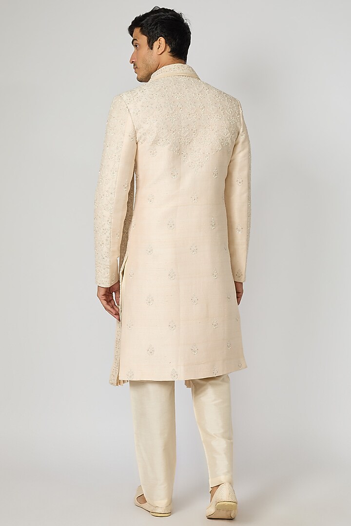 Crystal Pink Raw Silk Resham Embroidered Sherwani Set by Vanshik at Pernia's Pop Up Shop