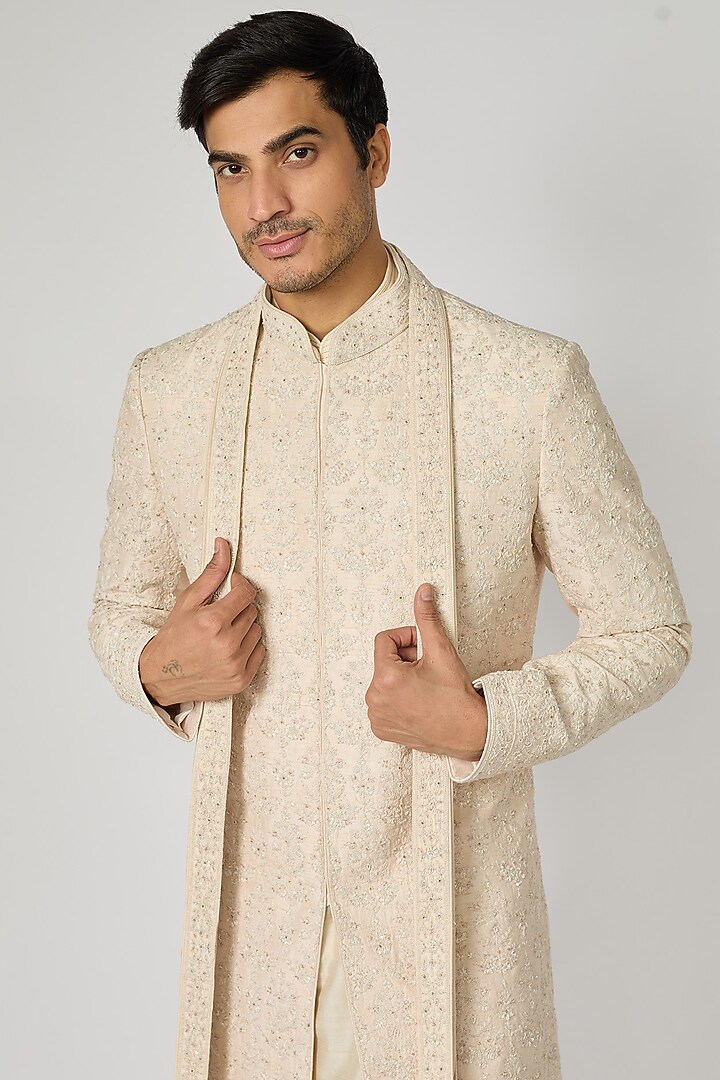 Crystal Pink Raw Silk Resham Embroidered Sherwani Set by Vanshik at Pernia's Pop Up Shop