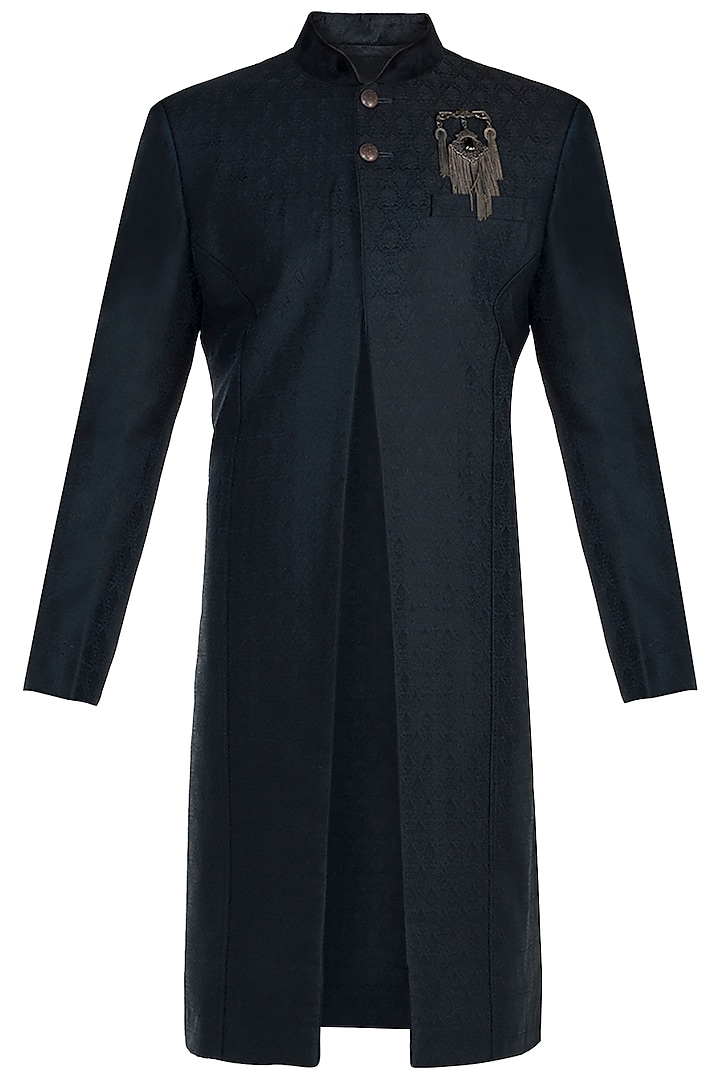 Black tanchoi sherwani set available only at Pernia's Pop Up Shop. 2024