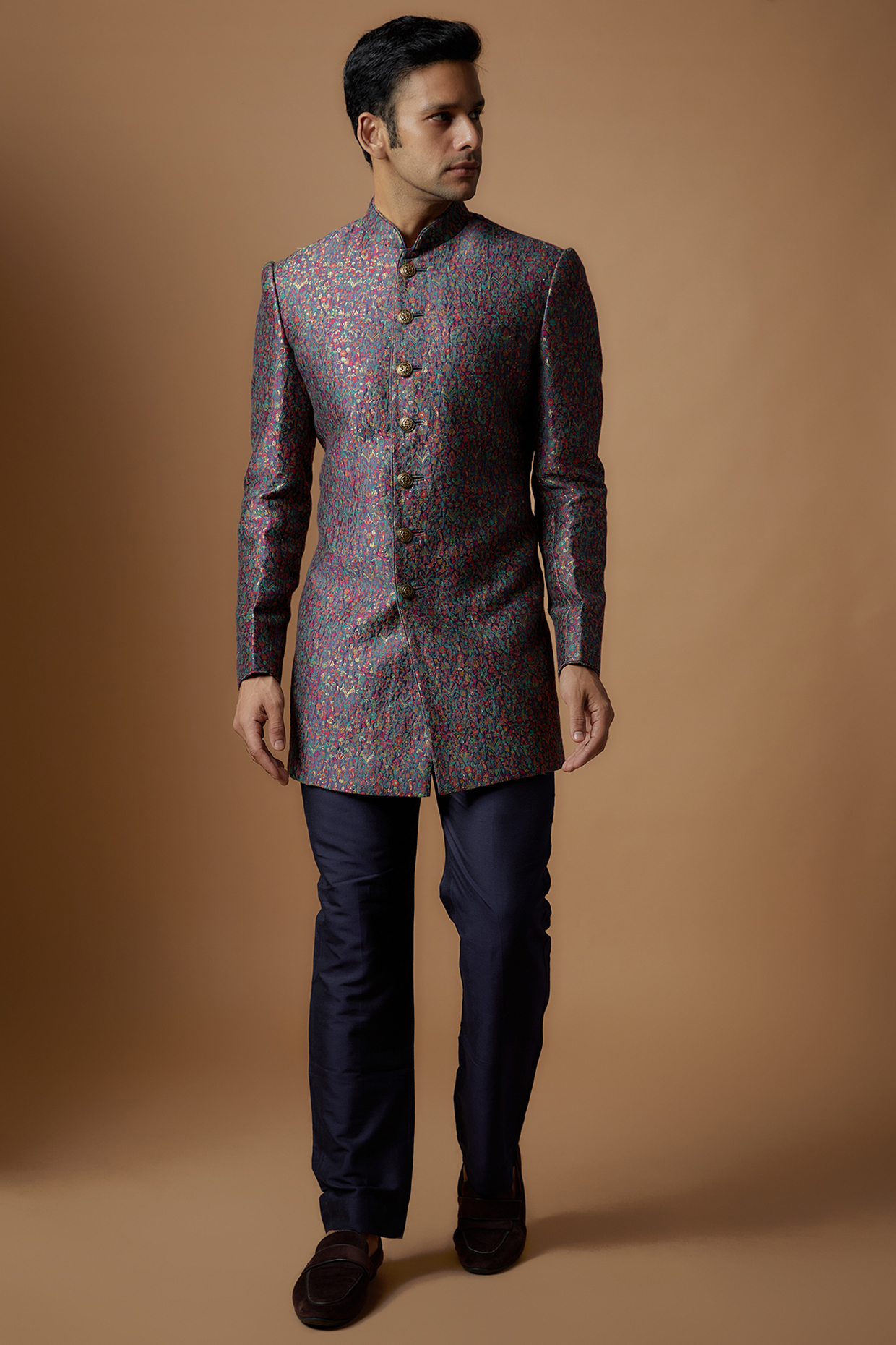 Ash Blue Pashmina Blend Bandhgala Jacket Set by Vanshik