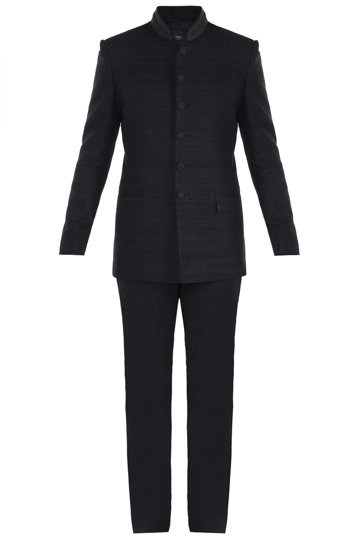 Black Silk Jodhpuri Jacket With Dhakai Work by Vanshik