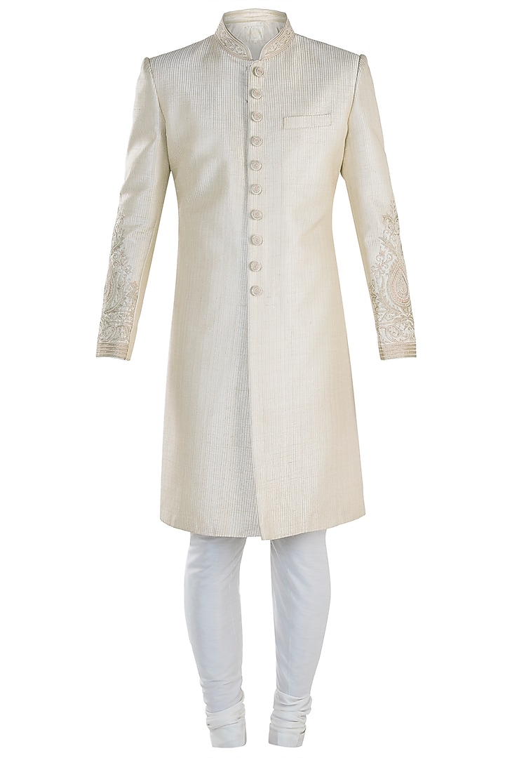 Cream embroidered sherwani set available only at Pernia's Pop Up Shop.