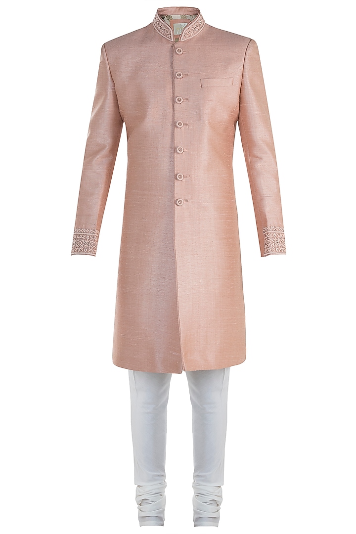 Peach sherwani set available only at Pernia's Pop Up Shop.