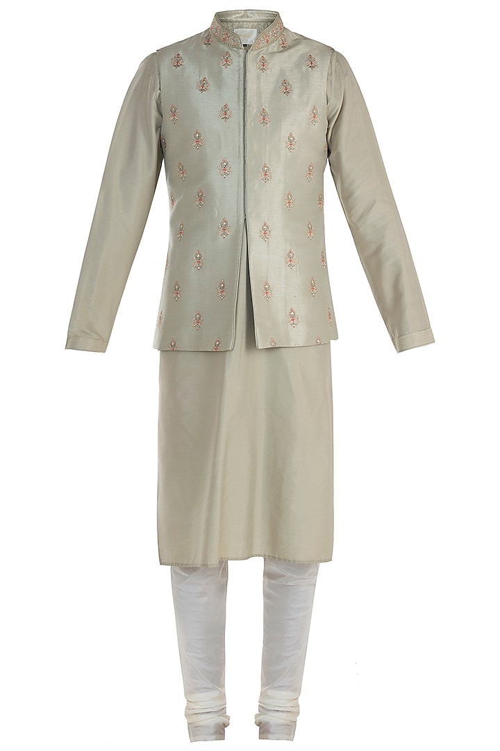 Mint Embroidered Waist Coat with Kurta and Pants by Vanshik