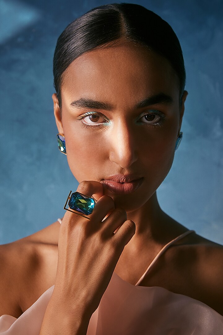 Gold Plated Peacock Blue Swarovski Crystal Ring by Voyce Jewellery