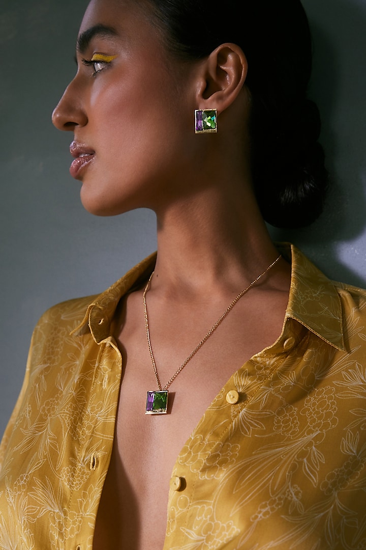 Gold Plated Fern & Aqua Swarovski Crystal Necklace by Voyce Jewellery