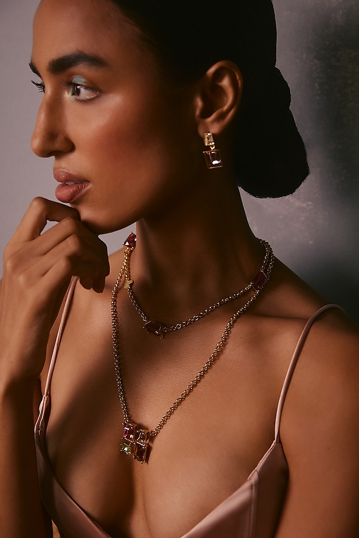 Gold Plated Pink Swarovski Crystal Necklace by Voyce Jewellery