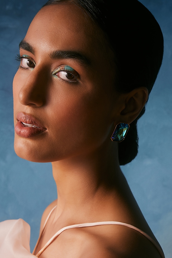 Gold Plated Peacock Blue Swarovski Crystal Stud Earrings by Voyce Jewellery at Pernia's Pop Up Shop