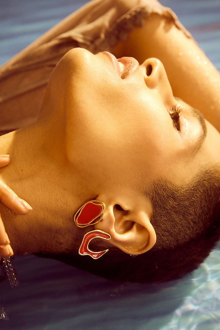 Gold Plated Red Enameled Stud Earrings by Voyce Jewellery at Pernia's Pop Up Shop