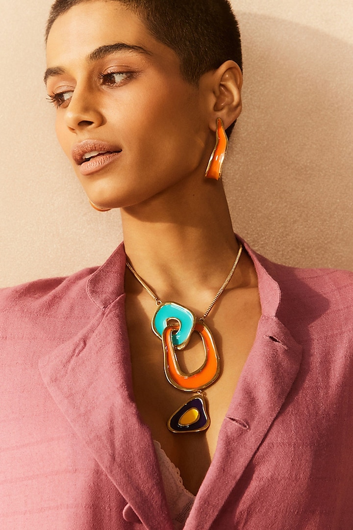 Gold Plated Orange Enameled Hoop Earrings by Voyce Jewellery at Pernia's Pop Up Shop