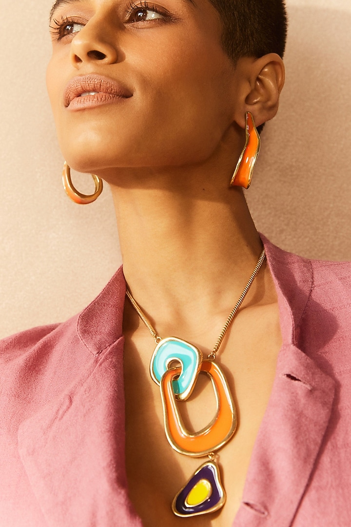 Gold Plated Orange Enameled Hoop Earrings by Voyce Jewellery at Pernia's Pop Up Shop