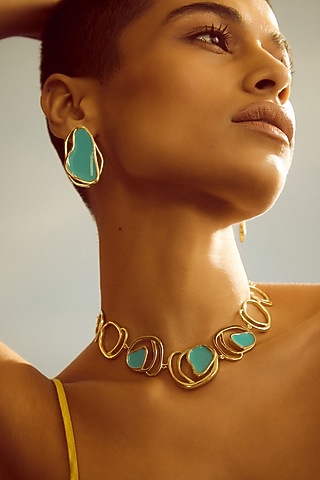 Gold Plated Sky Blue Enameled Necklace by Voyce Jewellery