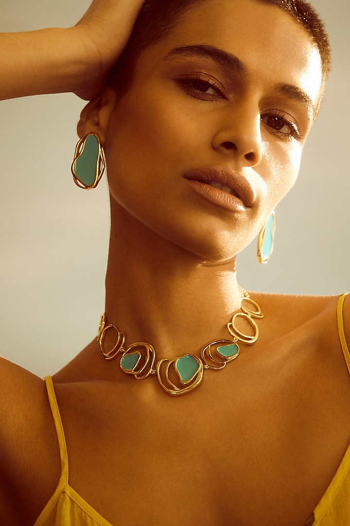 Gold Plated Sky Blue Enameled Necklace by Voyce Jewellery at Pernia's Pop Up Shop