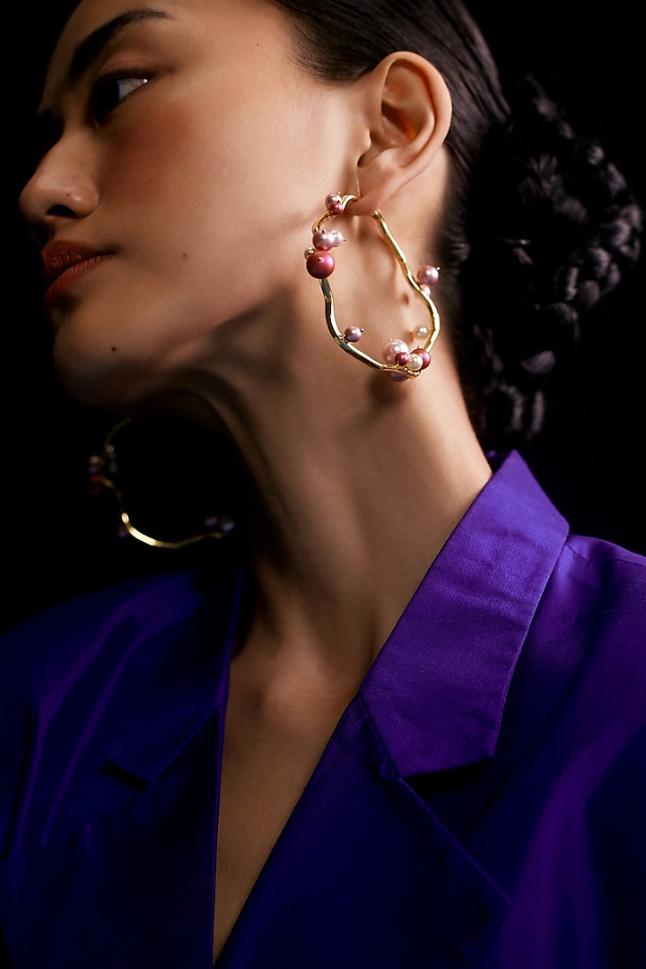 Gold Finish Swarovski & Pearl Hoop Earrings by Voyce Jewellery at Pernia's Pop Up Shop