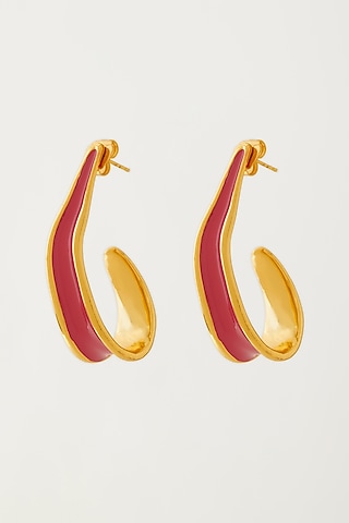Gold Plated Red Enameled Hoop Earrings by Voyce Jewellery